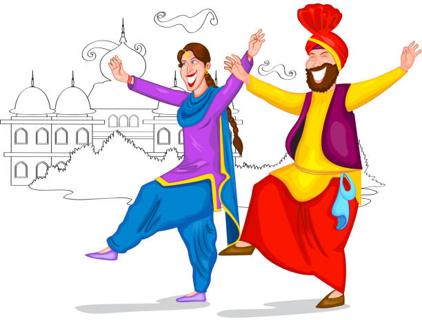 illustrazioni stock, clip art, cartoni animati e icone di tendenza di coppia danza punjabi - bhangra