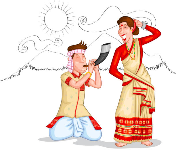 Dancing Assamese couple Dancing Assamese couple of India in vector assam india stock illustrations