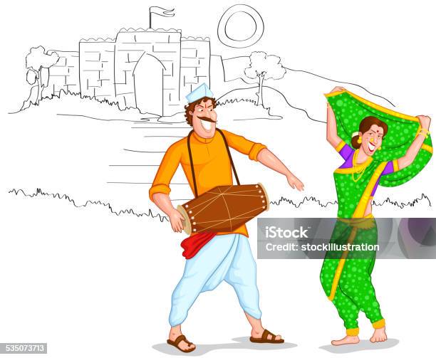 Dancing Maharashtrian Couple Stockvectorkunst en meer beelden van Indiase cultuur - Indiase cultuur, Mannen, 2015