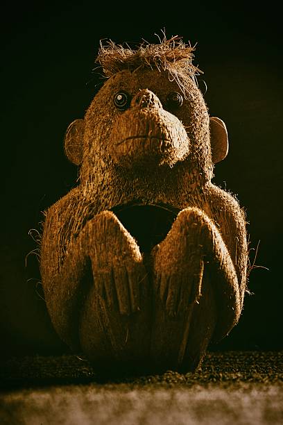 Old monkey shaped toy carved from coconut in dramatic studio lighting. Filtered image: Old camera effect.