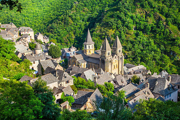 View of Medieval Conques, France. stock photo