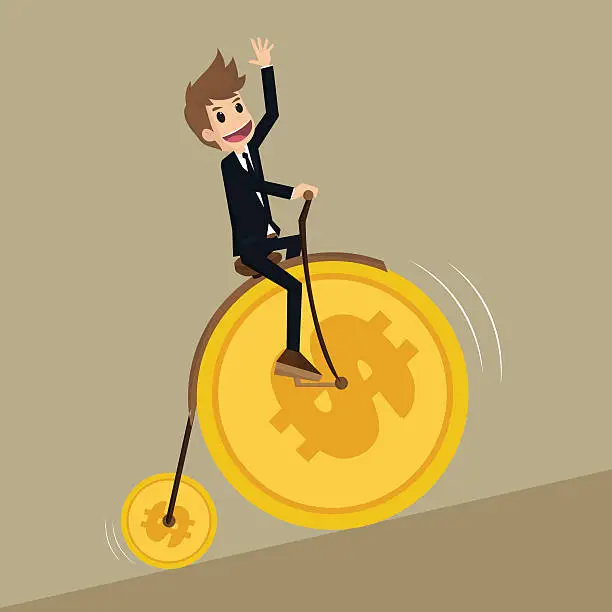 Vector illustration of businessman leads retro bicycle money coin wheel
