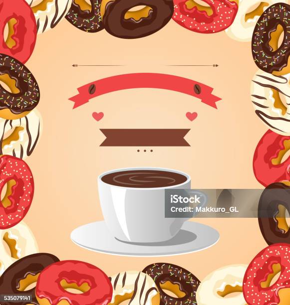 Donuts With Cup Of Coffee On Beige Stock Illustration - Download Image Now - 2015, Baked, Bakery