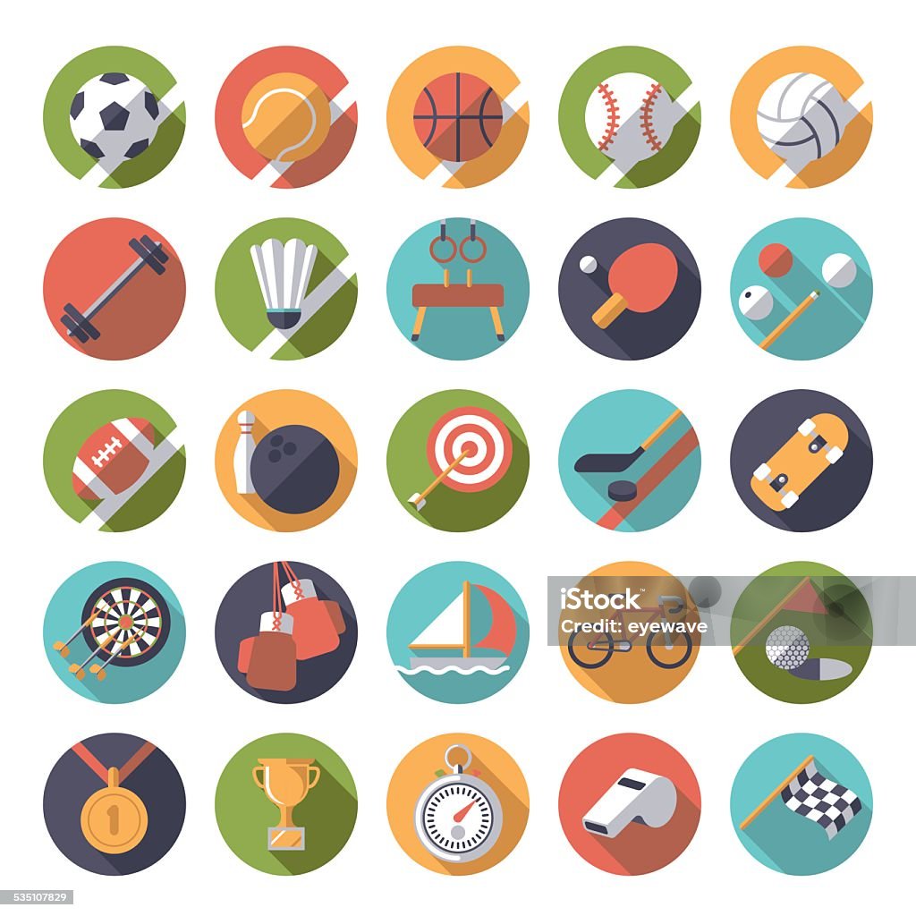 Round sports icons flat design vector set. Collection of 25 flat design sports and gymnastics vector icons in circles Icon stock vector
