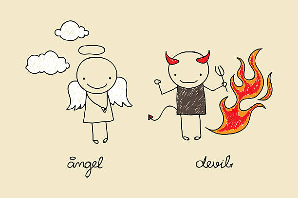 милый ангел и дьявол бессмысленный рисунок - expressing positivity devil angel moral dilemma stock illustrations