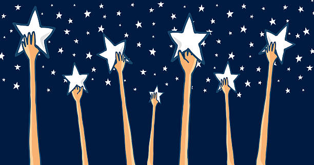 illustrazioni stock, clip art, cartoni animati e icone di tendenza di gruppo di mani raggiungendo le stelle o di successo - reach for the stars