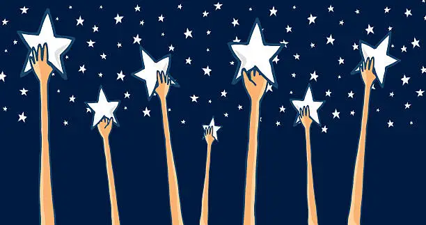 Vector illustration of Group of hands reaching for the stars or success