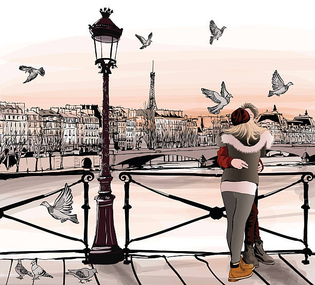 illustrations, cliparts, dessins animés et icônes de jeune couple dans l'amour sur le pont des arts de paris - louvre
