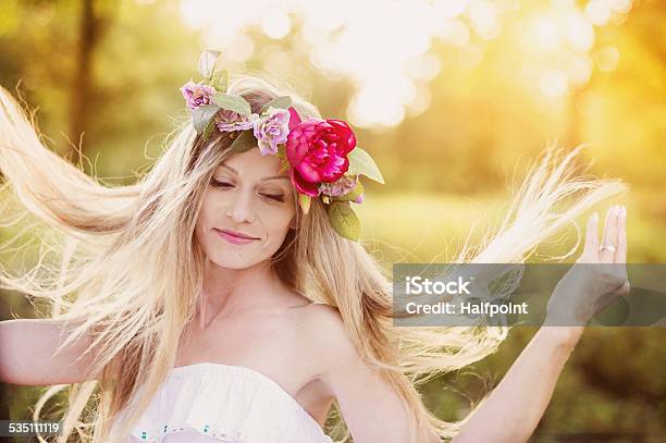 Beautiful Woman With Flower Wreath Stock Photo - Download Image Now - 2015, Adult, Adults Only
