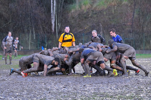 Oviedo, Spain - January 31, 2015: Amateur Rugby match between the Real Oviedo Rugby team vs Crat A Coruna Rugby in January 31, 2015 in Oviedo, Spain. Match played at El Naranco in rain and muddy, with victory for Real Oviedo.