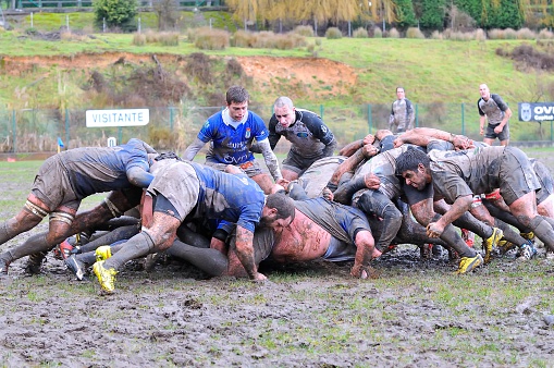 Oviedo, Spain - January 31, 2015: Amateur Rugby match between the Real Oviedo Rugby team vs Crat A Coruna Rugby in January 31, 2015 in Oviedo, Spain. Match played at El Naranco in rain and muddy, with victory for Real Oviedo.