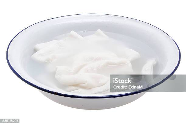 Laundry For Bleaching In An Enamel Bowl Stock Photo - Download Image Now - 2015, Bleach, Cut Out