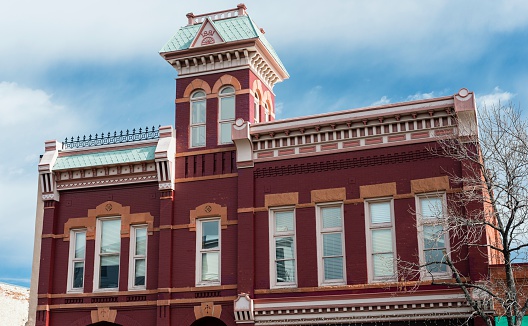 Low angle view of historic architecture in the Old Town section of Fort Collins, Colorado.
