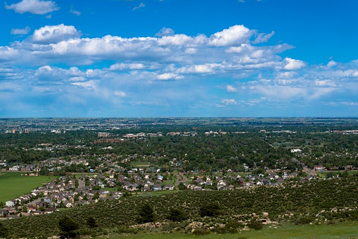 An aerial view of Fort Collins on a sunny afternoon.