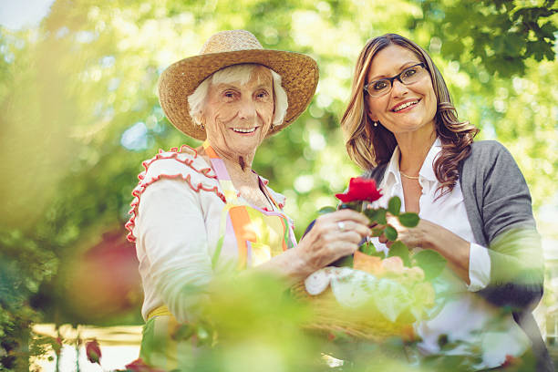 família feliz - senior women rose women flower bed imagens e fotografias de stock