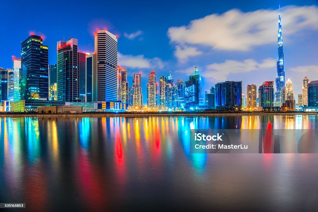 Dubai skyline at dusk Dubai skyline at dusk, UAE. Dubai Mall Stock Photo