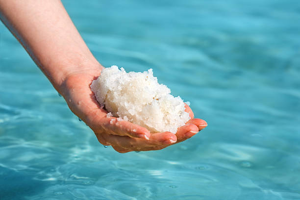 Female hand with sea salt for spa from Dead Sea stock photo