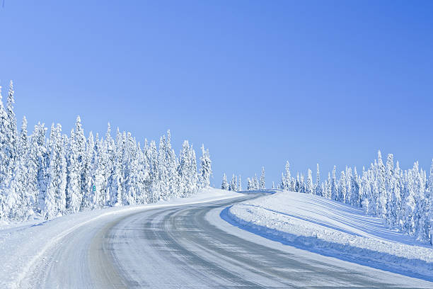 invierno carretera remoto - forest tundra fotografías e imágenes de stock