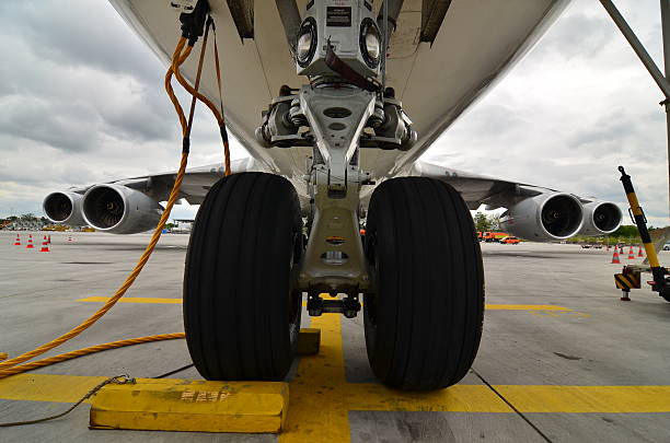 istock Close up wide-angle view of airplane front wheel 535190481