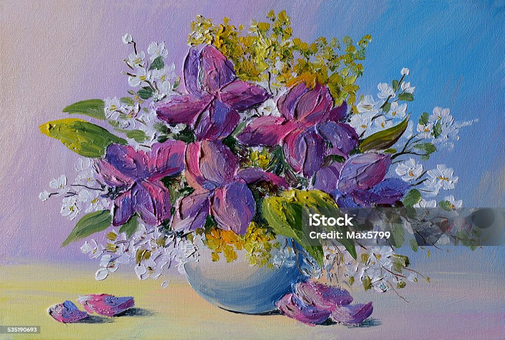 Oil Painting - colorful bouquet of flowers on the table Oil Painting - colorful bouquet of flowers on the table in a vase on a background of blue wall, in the style of Impressionism, violets 2015 stock illustration