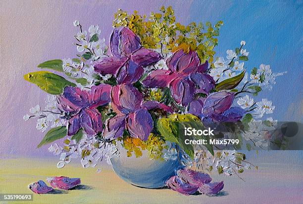 Oil Painting Colorful Bouquet Of Flowers On The Table Stock Illustration - Download Image Now