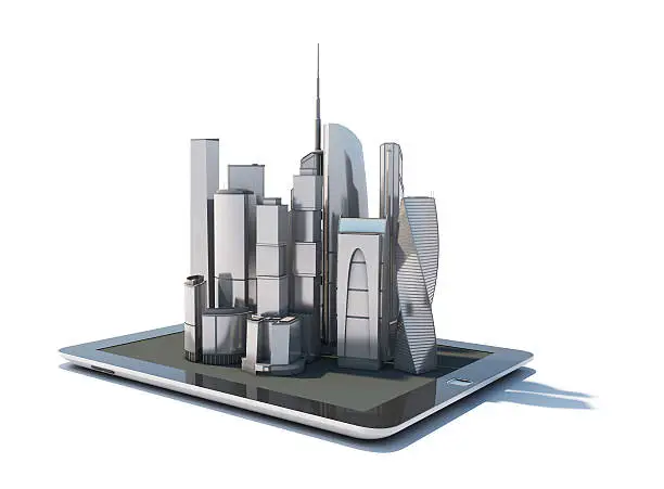 Tablet with 3d city streetmap of office blocks and skyscrapers on the screen, isolated on white background.