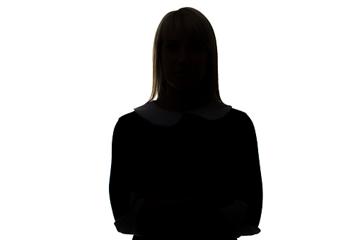 Silhouette of woman in dress with arms crossed on white background