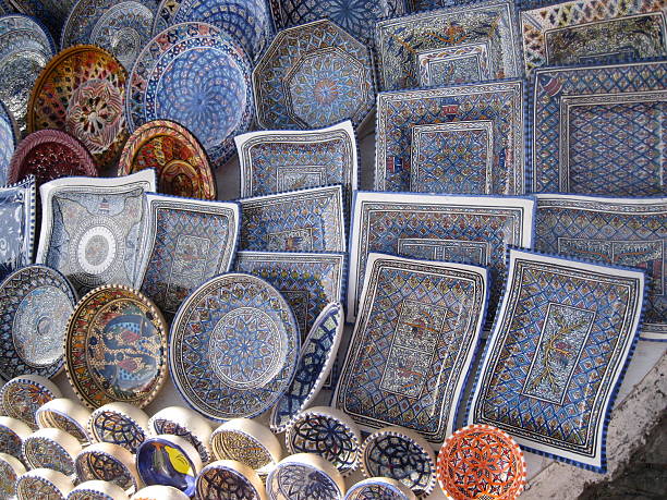 istock Hand painted and hand crafted pottery on display at the market 535192875