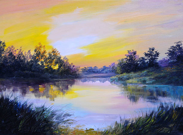 istock Oil Painting landscape - beautiful lake at colorful sunset, made 535193673