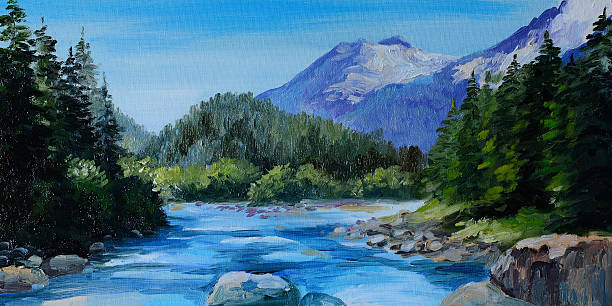istock Oil Painting - mountain river, rocks and forest, abstract drawin 535195629