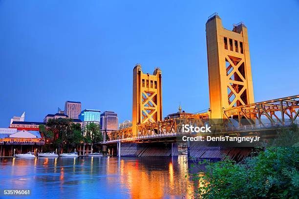 Sacramento Skyline And The Tower Bridge At Night Stock Photo - Download Image Now - Sacramento, California, Urban Skyline