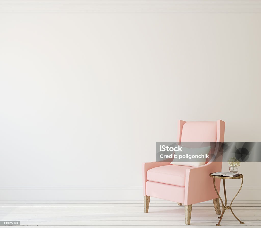 Interior with armchair. Interior with pink armchair near white wall. 3d render. Living Room Stock Photo