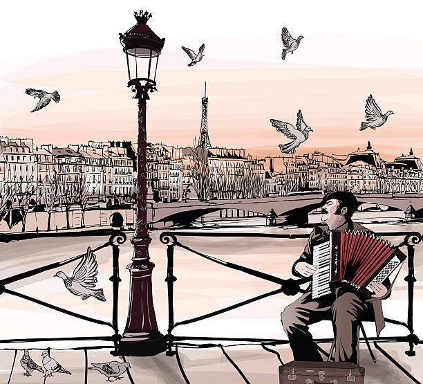 illustrazioni stock, clip art, cartoni animati e icone di tendenza di accordatore giocano su pont des arts di parigi - ponte di strumento musicale