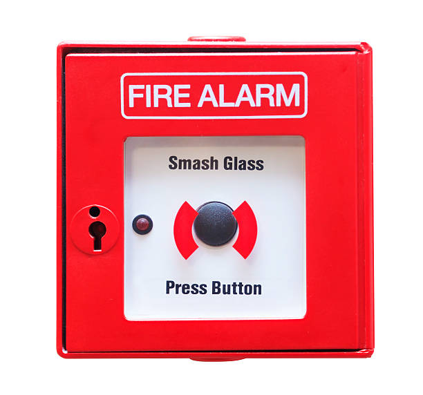 Fire Alarm - Break Glass Red new fire alarm panel box with texts of smash glass and press button isolated on white background. with clipping path XXXLarge size emergency break glass box stock pictures, royalty-free photos & images