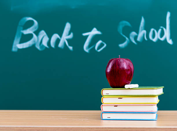 torna a scuola - reading and writing blackboard book elementary school building foto e immagini stock