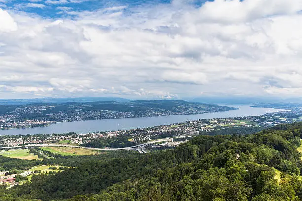 Panorama view of Zurich lake on  top of Uetliberg, Zurich, Switzerland