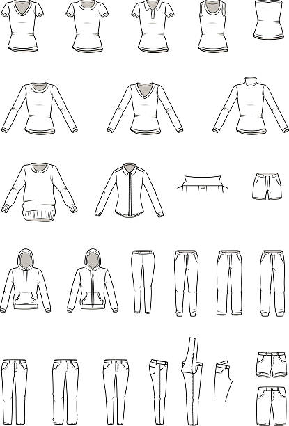 Women's clothes, Garment Illustration Women's clothes, Garment Illustration, ladies sportswear, shirt, t-shirts, pants, jeans, Vector outline cardigan clothing template fashion stock illustrations