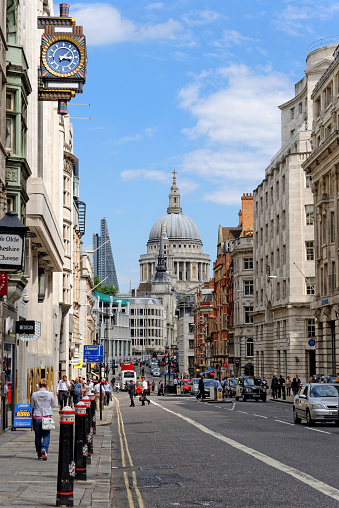 London, United Kingdom - July 1, 2014: Fleet street in the City of London. It is named after the River Fleet, London's largest underground river. It was once home of the British newspaper industry.