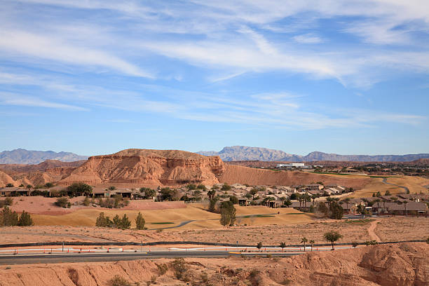 Landscape and overview of homes and terrain of Mesquite Nevada.  Golf course along side of homes.  Still a quiet new community. Several casino hotels in Mesquite.