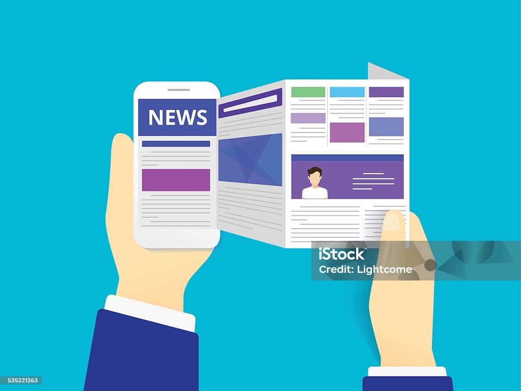 Online reading news Online reading news. Vector illustration of online reading news using smartphone Newspaper stock vector