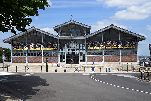 Building of covered market in Angouleme, France Angouleme, France - June 26, 2013: Man in wheelchair in front of the covered market. Made of architectural glass and iron in 1886, the building is a national historic monument angouleme stock pictures, royalty-free photos & images