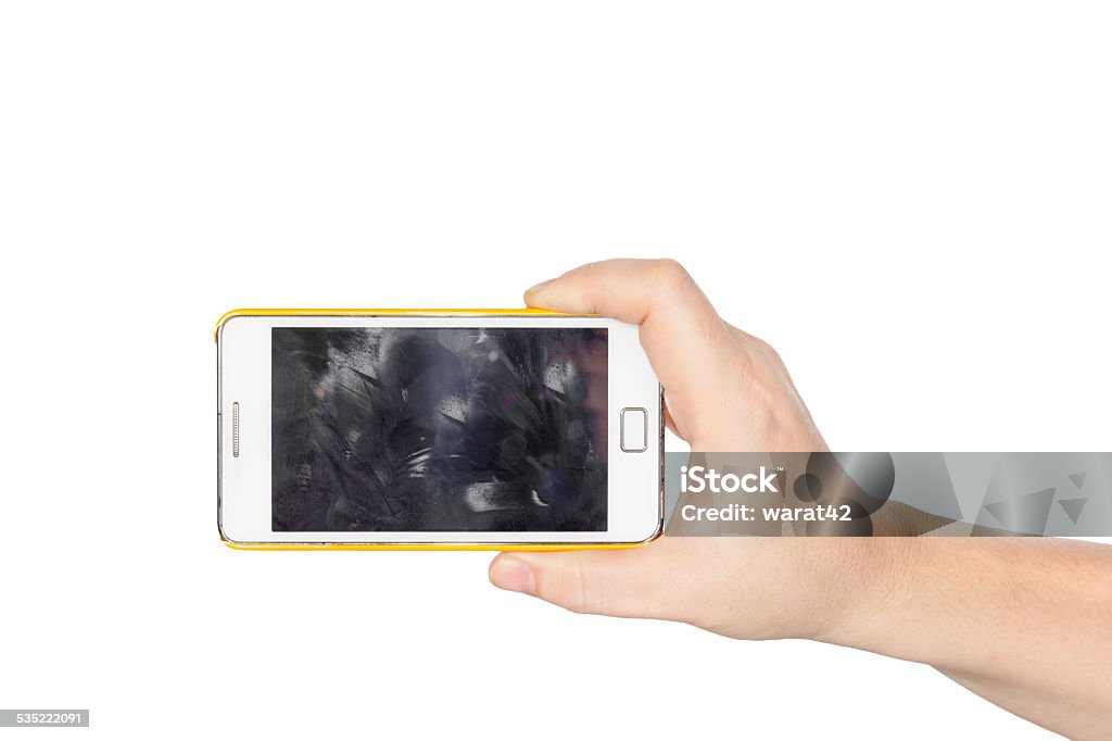 Hand holding weiße smartphone mit Fingerabdruck schmutzigen Leinwand - Lizenzfrei Schmutzig Stock-Foto