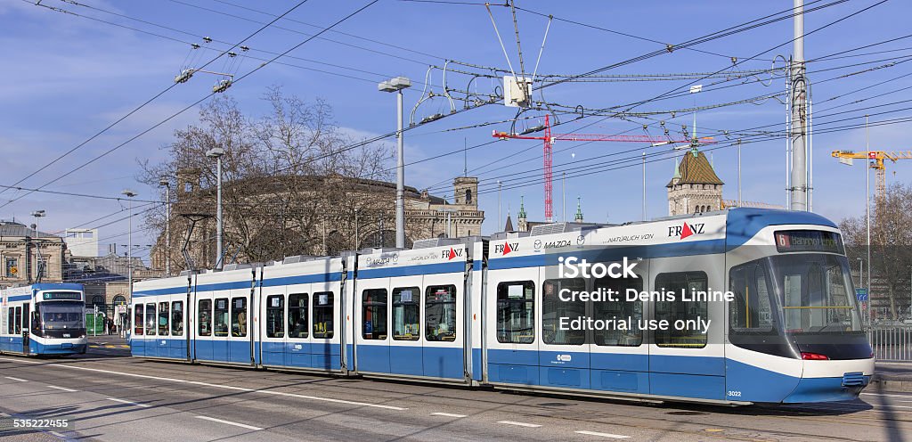 Trams on the Bahnhofbrucke bridge in Zurich Zurich, Switzerland - 31 January, 2015: trams on the Bahnhofbrucke bridge. Zurich is the largest city in Switzerland and the capital of the canton of Zurich. 2015 Stock Photo