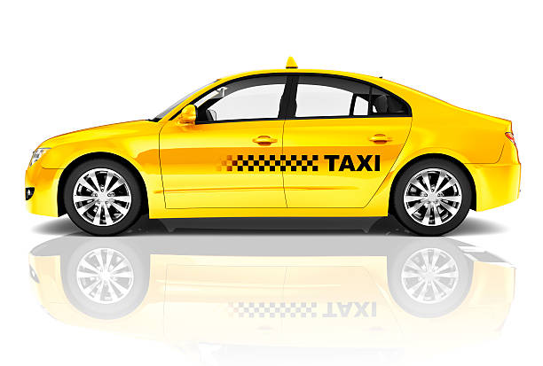 Side View Studio Shot Of Yellow Sedan Taxi Car ***NOTE TO INSPECTOR: These are our own 3D generic designs. They do not infringe on any copyrighted designs.*** yellow taxi cab stock pictures, royalty-free photos & images