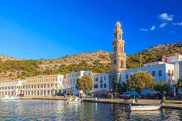 The monastery at Panormitis on the Island of Symi in the Dodecanese Greece Europe