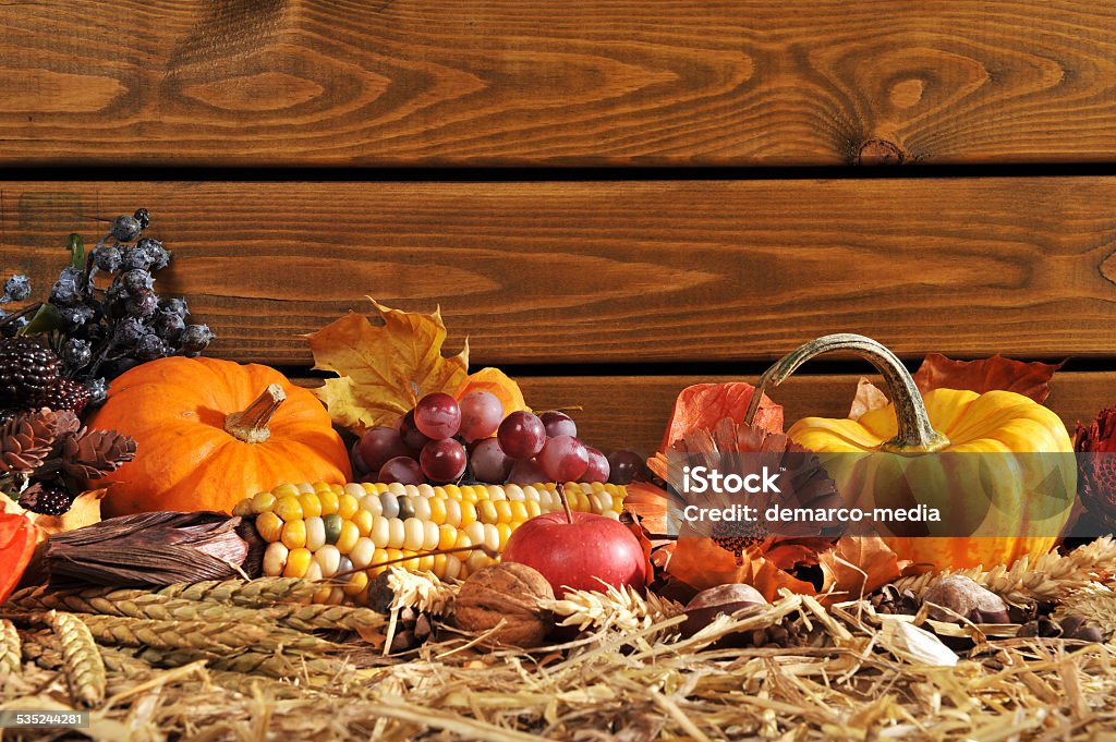 Thanksgiving Thanksgiving - vegetable and fruits on straw in front of old weathered wooden boards with copyspace Corn Stock Photo