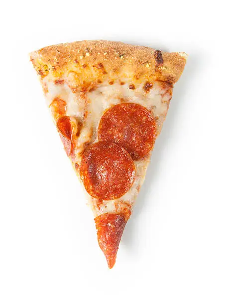 A slice of pepperoni pizza on a white background