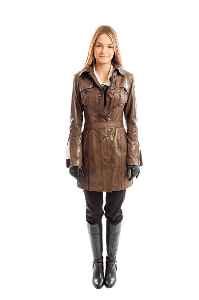 Female model wearing brown leather jacket