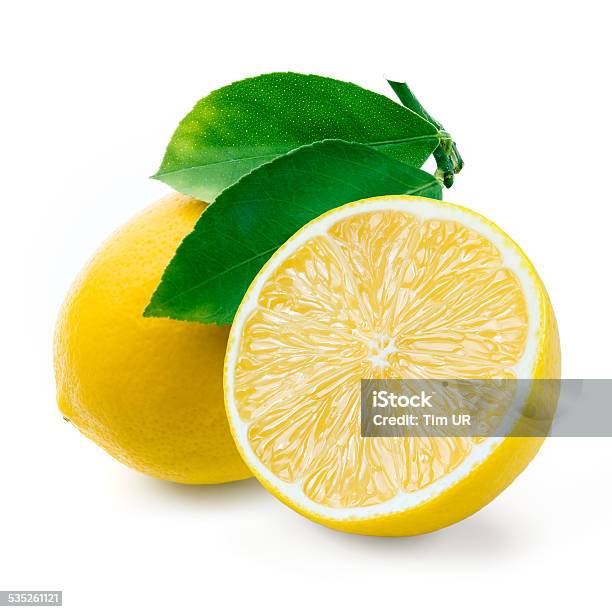 Lemon Fruit With Leaves On A White Background Stock Photo - Download Image Now - 2015, Citrus Fruit, Close-up