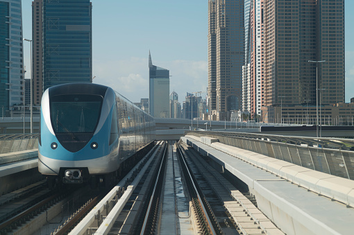 Metro train downtown in Dubai